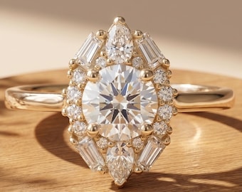 Vintage Halo Round Cut Moissanite Engagement Ring, Baguette & Pear Accent Diamond Ring, Art Deco Style Bridal Ring, Unique Promise Ring Gift