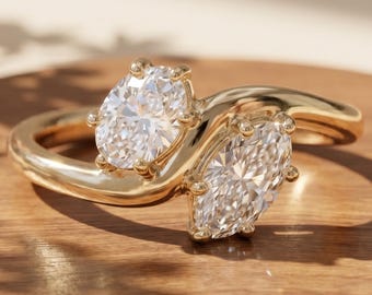 Toi Et Moi Marquise & Oval Cut Moissanite Engagement Ring, Two Stone Wedding Ring for Women, You and Me Promise Ring, Anniversary Gift Ring