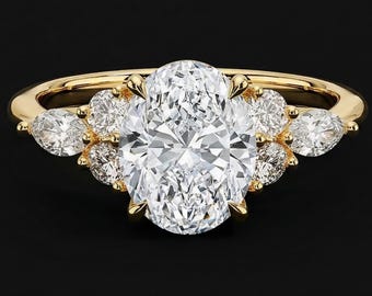 Oval Cut Moissanite Engagement Ring, Side Marquise & Round Diamonds, Classic Comfort Fit Wedding Ring for Women, Handmade Anniversary Gifts