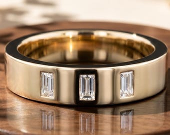 Baguette Cut Moissanite Wedding Band, 14K Solid Gold Wide Band Ring, 3 Stone Engagement Band, Modern Statement Wedding Ring Gift for Her/Him