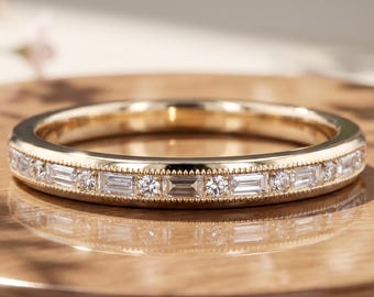 Baguette & Round Cut Moissanite Diamond Wedding Band, Milgrain- Channel Set Band, Half Eternity Band, Matching-Stackable Band, Gifts for Her