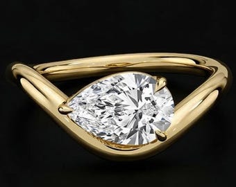 1.00 Carat Pear Cut Colorless Moissanite Curved Ring, Solid Gold Solitaire Engagement Ring, Anniversary Gifts, Unique Promise Ring for Her