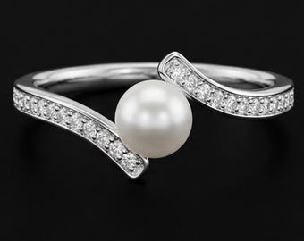 Pearl Engagement Ring for Women, Moissanite Diamond Bypass Pave Ring, Minimalist Pearl Statement Ring, White Gold Wedding Ring Gift for Her