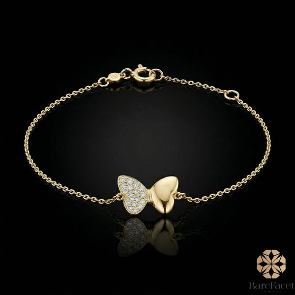 Butterfly Shape Bracelet, Dainty Moissanite Diamond Butterfly Bracelet, Adjustable 14K Yellow Gold Chain Bracelet, Minimalist Jewelry Gifts