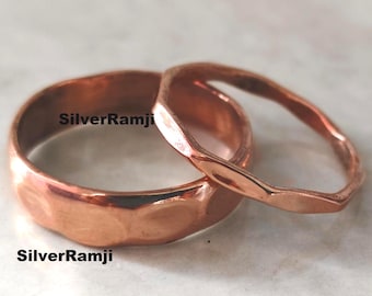 2 Set Handmade Hammered Copper Band Ring, Adjustable