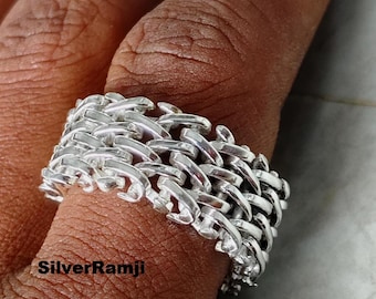Vävd kedjering i sterlingsilver, flätad nätring, statementring