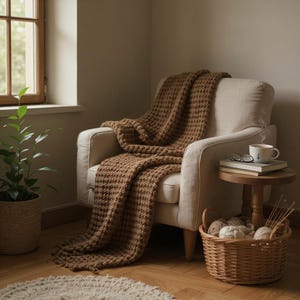Puede incluir: Una acogedora escena de sal&oacute;n con un sill&oacute;n beige y una manta marr&oacute;n de punto de gofre. Una peque&ntilde;a mesa auxiliar de madera sostiene libros, gafas y una taza. Una cesta de mimbre con lana y agujas de tejer est&aacute; cerca.