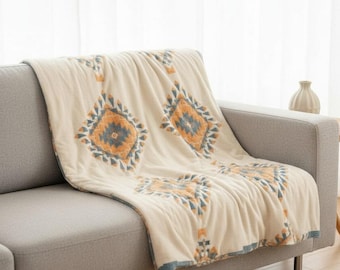 Pure Cotton Gauze Blanket  Boho Geometric Throw | Soft Breathable Summer Quilt | Lightweight Bedspread | Cozy Sofa Blanket