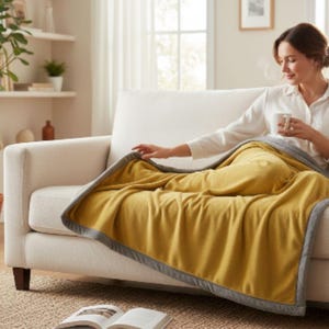 Può includere: Una coperta giallo senape con bordo grigio è drappeggiata su un divano bianco. La coperta è morbida e accogliente, perfetta per rilassarsi. Una donna è seduta sul divano, con in mano una tazza bianca.