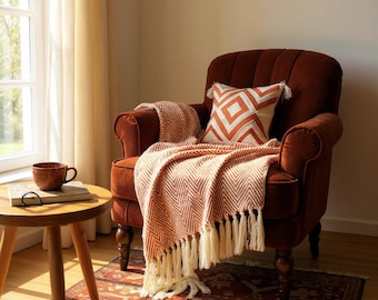 Nordic Herringbone Tassel Throw – Soft Woven Green Fringe Blanket for Sofa & Bed, Scandi Cozy Home Gift