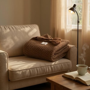 May include: A cozy brown knitted throw blanket with a tassel detail is draped over a beige armchair. The blanket has a textured, woven appearance. A reading lamp and a cup of coffee are also visible.