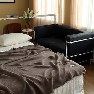 May include: A bedroom scene featuring a bed with a brown textured blanket and a white pillow. A black leather sofa with chrome accents is in the background. The room has a neutral color palette with natural light.