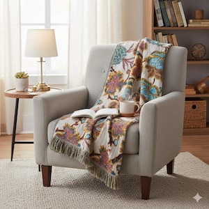 May include: A cozy armchair with a floral patterned throw blanket in shades of blue, pink, and yellow. An open book and a mug sit on the blanket. A small side table with a lamp and a plant is next to the chair.