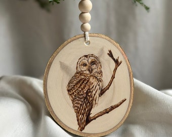 Holiday Pyrography Ornaments - Hand Drawn, Woodburned - Owl motif