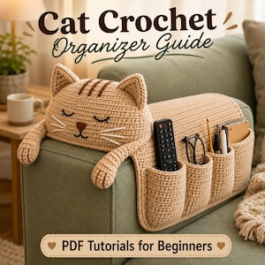 Puede incluir: Un organizador de reposabrazos de sofá de ganchillo beige con forma de gato, que presenta una cara de gato dormido con detalles bordados, tres bolsillos profundos y el texto Cat Crochet Organizer Guide y PDF Tutorials for Beginners en la imagen.