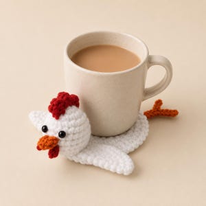May include: A beige ceramic mug filled with a light brown beverage, resting on a white crocheted chicken coaster. The coaster features a red comb, a bright orange beak, black bead eyes, and orange feet extending from the back of the body.