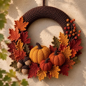 May include: A circular wreath made of dark brown crocheted yarn, decorated with various crocheted autumn leaves in shades of orange, red, yellow, and green. It features three crocheted pumpkins in orange and red, plus small brown crocheted acorns.
