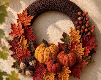 May include: A circular wreath made of dark brown crocheted yarn, decorated with various crocheted autumn leaves in shades of orange, red, yellow, and green. It features three crocheted pumpkins in orange and red, plus small brown crocheted acorns.