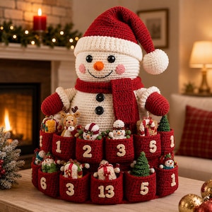 May include: A large crocheted snowman wearing a red hat and scarf, featuring black button eyes and a carrot nose. The snowman base includes multiple red crocheted pockets, each labeled with a white number, containing small crocheted holiday figures.