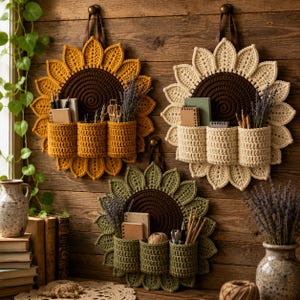 May include: Three sunflower-shaped wall organisers made of crocheted yarn. Each piece features a dark brown centre, radiating petals in yellow, cream, or olive green, and three attached cylindrical pockets holding stationery and dried lavender.