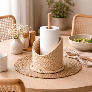 May include: A beige woven paper towel holder with a wooden dowel and a roll of white paper towels. The holder sits on a round woven placemat. The scene is set on a wooden table with other dining accessories.