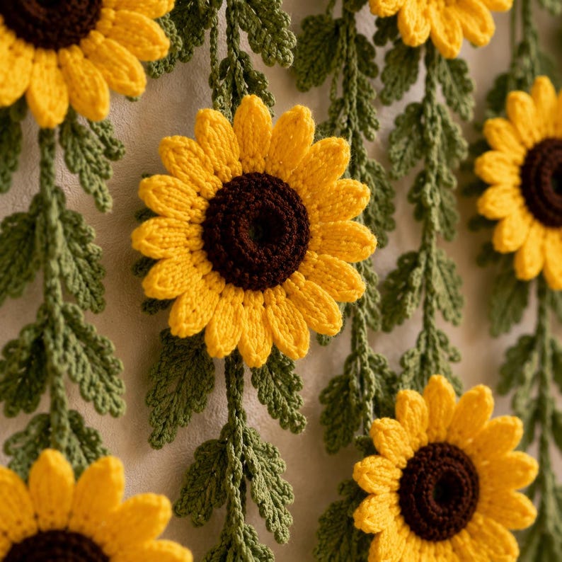May include: Close-up of a handmade crochet wall hanging featuring yellow sunflowers with brown centers and green leaves. The sunflowers are in full bloom, and the leaves are intricately detailed. The wall hanging is a decorative piece.