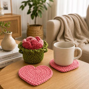 Crochet Heart Coaster Succulent Pattern: 3D Flower & Pot Set | PDF Download | US Terms