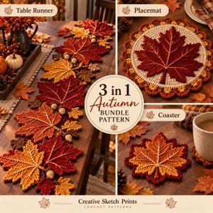 Op de afbeelding: Een 3-in-1 herfst haakpatroon bundel met een tafelloper, placemat en onderzetter. De ontwerpen tonen gedetailleerde esdoornbladmotieven in rood-, oranje- en geeltinten, geaccentueerd met kleine gehaakte eikeltjes door de hele set heen.