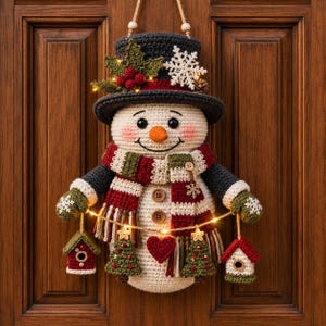 Op de afbeelding: Een gehaakte sneeuwpop wandhanger met een donkergrijze hoge hoed versierd met hulst, bessen en een witte sneeuwvlok. De sneeuwpop heeft een gestreepte sjaal, drie houten knopen en een snoer met warm LED-lichtjes waaraan twee vogelhuisjes hangen.