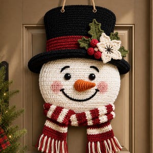 Peut inclure: Une d&eacute;coration murale en crochet repr&eacute;sentant un bonhomme de neige avec un haut-de-forme noir &agrave; bande rouge, orn&eacute; de feuilles de houx vertes, de baies rouges et d'une fleur blanche. Il porte une &eacute;charpe ray&eacute;e rouge et blanche.