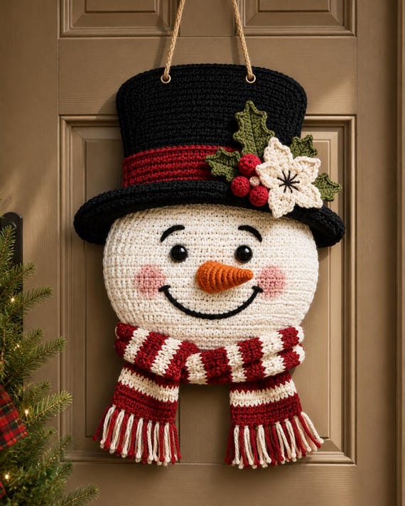 Crochet Snowman Wall Hanging Pattern, Easy Door Decor, Winter Holiday PDF