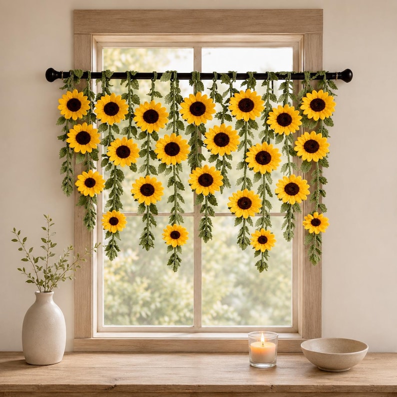 May include: A decorative window treatment featuring yellow sunflowers with dark brown centers and green vines. The sunflowers are arranged in a cascading pattern, hanging in front of a window. A vase, candle, and bowl are on the wooden windowsill.
