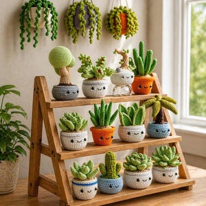 Può includere: Una mensola in legno espone una collezione di piante grasse e cactus all'uncinetto in piccoli vasi. Le piante sono di varie tonalità di verde, con facce sorridenti sui vasi. Piante sospese in colori coordinati sono sospese sopra.