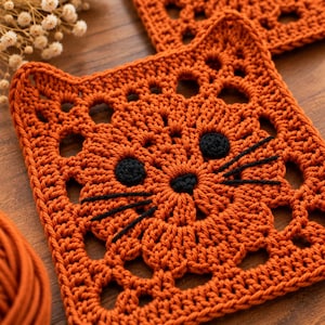 May include: A square crochet motif in burnt orange yarn featuring a cat face design. The piece has two pointed ears at the top corners, two round black eyes, a small black nose, and black embroidered whiskers radiating from the center.
