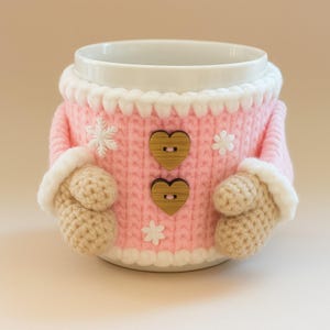 May include: A white ceramic mug with a pink knitted cosy. The cosy has white trim, two heart-shaped wooden buttons, and snowflake accents. Beige crocheted mittens are attached to the cosy.