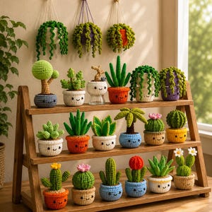 Puede incluir: Una colección de pequeñas plantas de ganchillo en macetas y plantas colgantes dispuestas en un estante de madera de tres niveles. Los artículos presentan varios cactus y suculentas verdes en macetas coloridas y sonrientes.