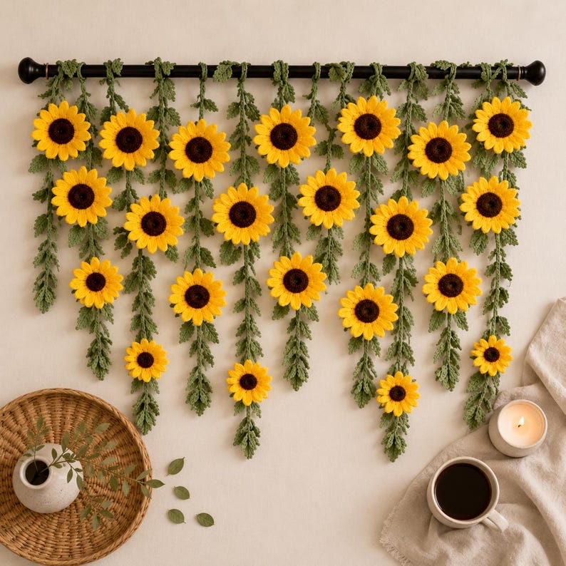 May include: A decorative wall hanging featuring crocheted sunflowers with yellow petals and dark brown centers. The sunflowers are attached to green vines and hang from a black rod. The wall hanging is a charming, handmade piece.