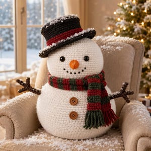 May include: A white crocheted snowman plush toy featuring a black top hat with a red band, a striped red and green scarf, two brown wooden buttons on the torso, a small orange carrot nose, black bead eyes, and dark brown twig-like arms.