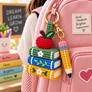Puede incluir: Un llavero de ganchillo con una pila de tres libros en verde, azul y amarillo con detalles florales, rematado con una manzana roja y un lápiz amarillo. El llavero está sujeto a una mochila rosa con un parche que dice Good Students Brighter Tomorrows.
