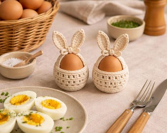 May include: Two beige crochet egg holders shaped like bunnies, each holding a brown egg. A basket of brown eggs, a plate of sliced hard-boiled eggs, and a bowl of salt are also visible. A fork and knife with wooden handles are on the right.
