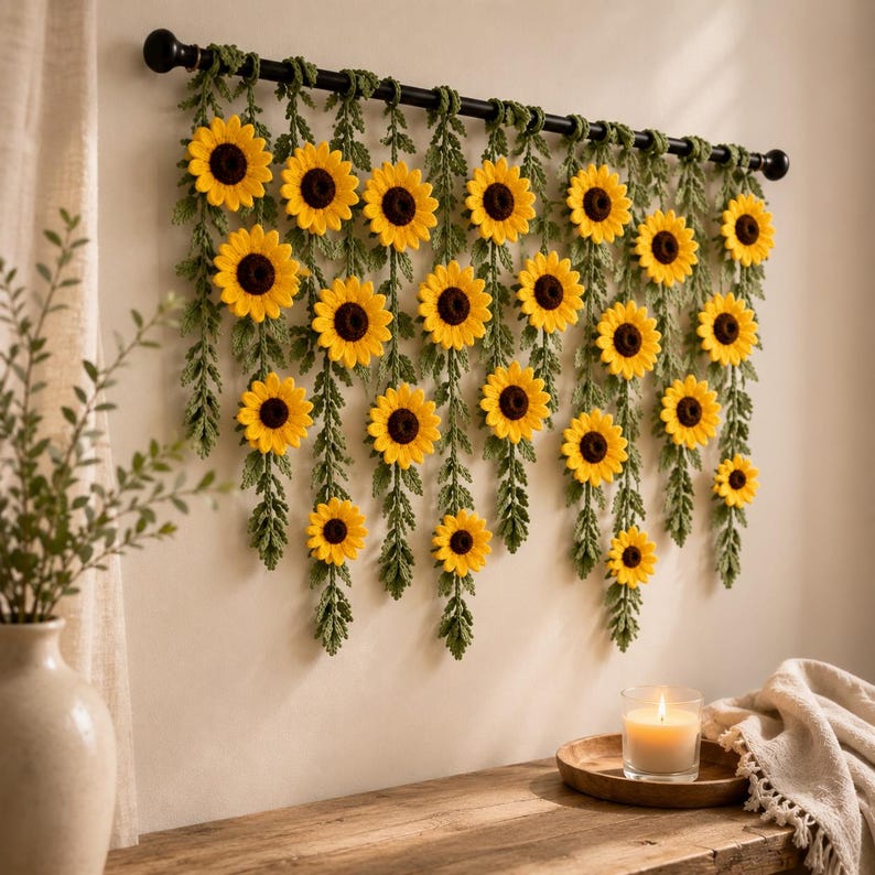 May include: A handcrafted wall hanging featuring yellow sunflowers with brown centers and green leaves. The sunflowers are attached to a black rod, creating a decorative floral display. The wall hanging is a charming piece of home decor.
