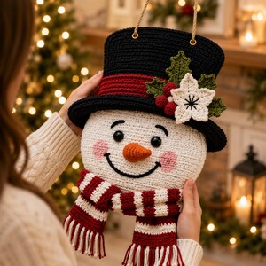 Peut inclure: Une d&eacute;coration murale en crochet repr&eacute;sentant un bonhomme de neige avec un haut-de-forme noir &agrave; bande rouge, orn&eacute; de feuilles de houx vertes, de baies rouges et d'une fleur blanche. Il poss&egrave;de un nez orange, des joues roses et une &eacute;charpe ray&eacute;e.