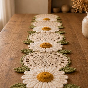 May include: A long crochet table runner featuring a repeating pattern of white daisy motifs with yellow centres, interspersed with intricate cream-coloured circular lace doilies and accented by small green crocheted leaves along the edges.