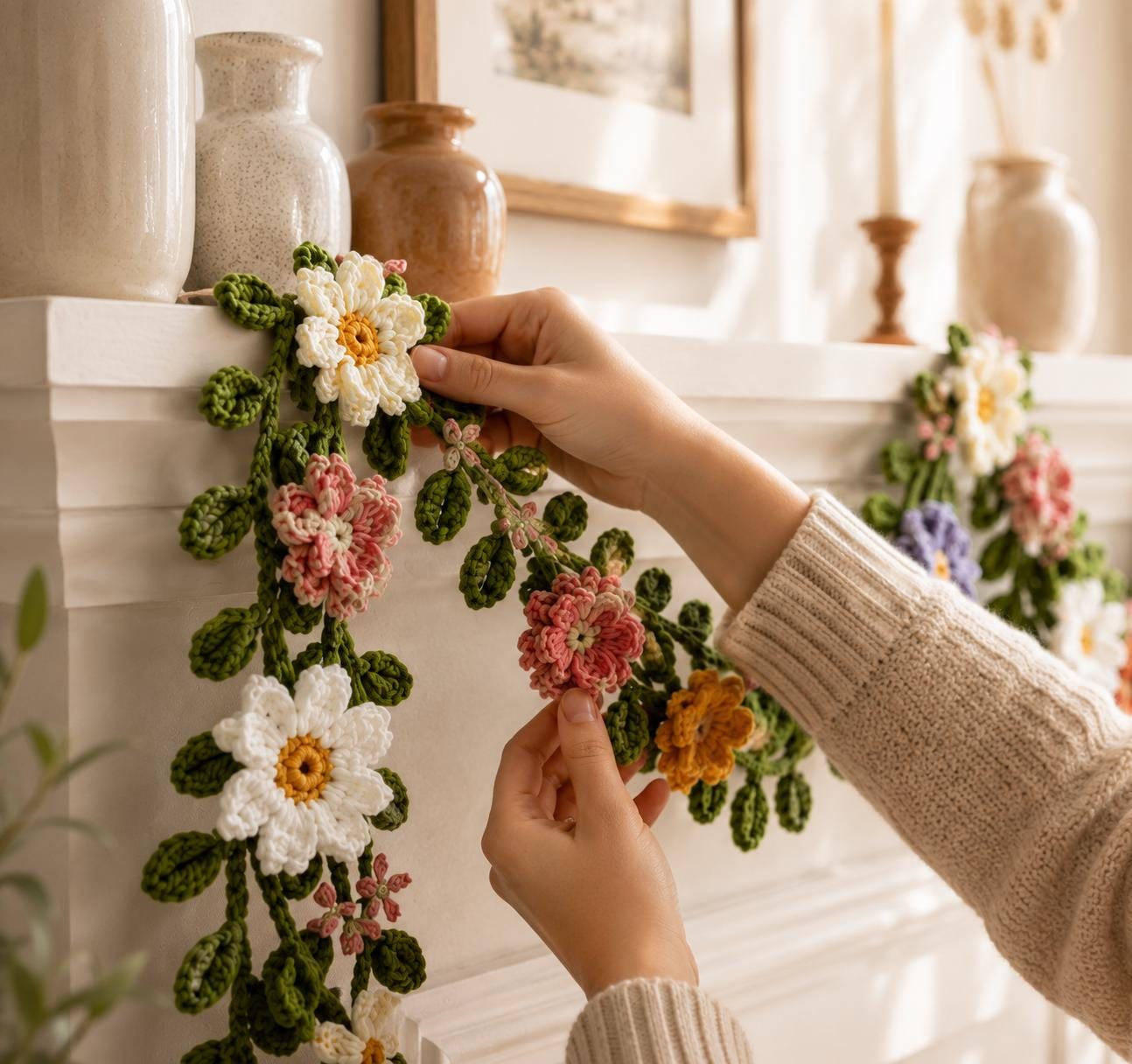 Crochet Flower Garland Pattern, Wildflower Vine Decor, Cottagecore