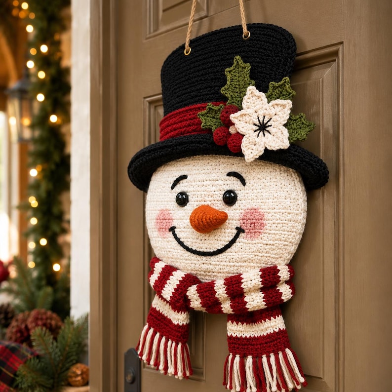 Peut inclure: Une d&eacute;coration murale en crochet repr&eacute;sentant un bonhomme de neige avec un haut-de-forme noir &agrave; bande rouge, orn&eacute; de feuilles de houx vertes, de baies rouges et d'une fleur blanche. Il poss&egrave;de un visage blanc, des yeux noirs et une &eacute;charpe ray&eacute;e.
