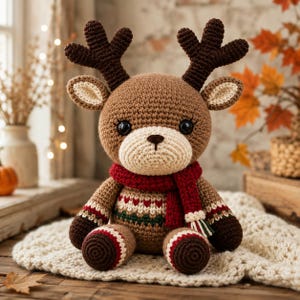 Puede incluir: Un peluche de reno tejido a ganchillo con astas de color marrón oscuro, cabeza marrón claro y ojos negros. Lleva una bufanda roja y un suéter con un patrón de rayas rojas, blancas y verdes. Las patas tienen detalles rojos y blancos a juego.