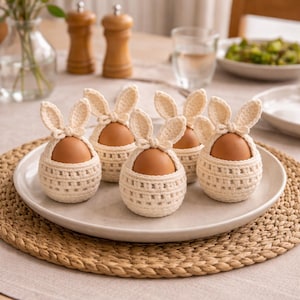 Puede incluir: Cinco huevos marrones en hueveras de crochet con forma de conejito de color crema. Los soportes tienen un diseño de cesta con orejas de conejo. Los huevos están sobre un plato blanco, colocado sobre un salvamanteles tejido.