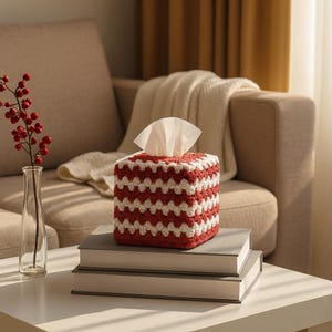 May include: A red and white crocheted tissue box cover with a geometric pattern. The cube-shaped cover sits atop two books on a white table. A vase with red berries is to the left, and a beige sofa is in the background.