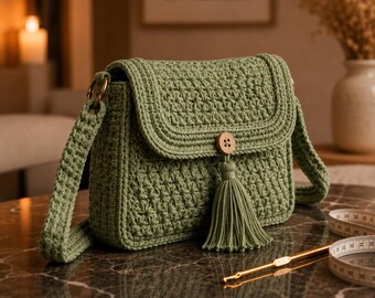 Puede incluir: Un bolso bandolera de ganchillo color verde salvia con un patrón de puntos texturizado, una solapa frontal asegurada con un botón de madera y una borla de hilo a juego. Un ganchillo dorado y una cinta métrica blanca están colocados cerca.