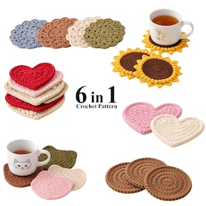 Puede incluir: Una colección de seis patrones de ganchillo diferentes para posavasos. Los posavasos tienen varias formas, incluyendo diseños redondos, de corazón y de girasol. Los colores incluyen rojo, rosa, marrón, verde y amarillo. También se ve el texto "6 in 1 Crochet Pattern".